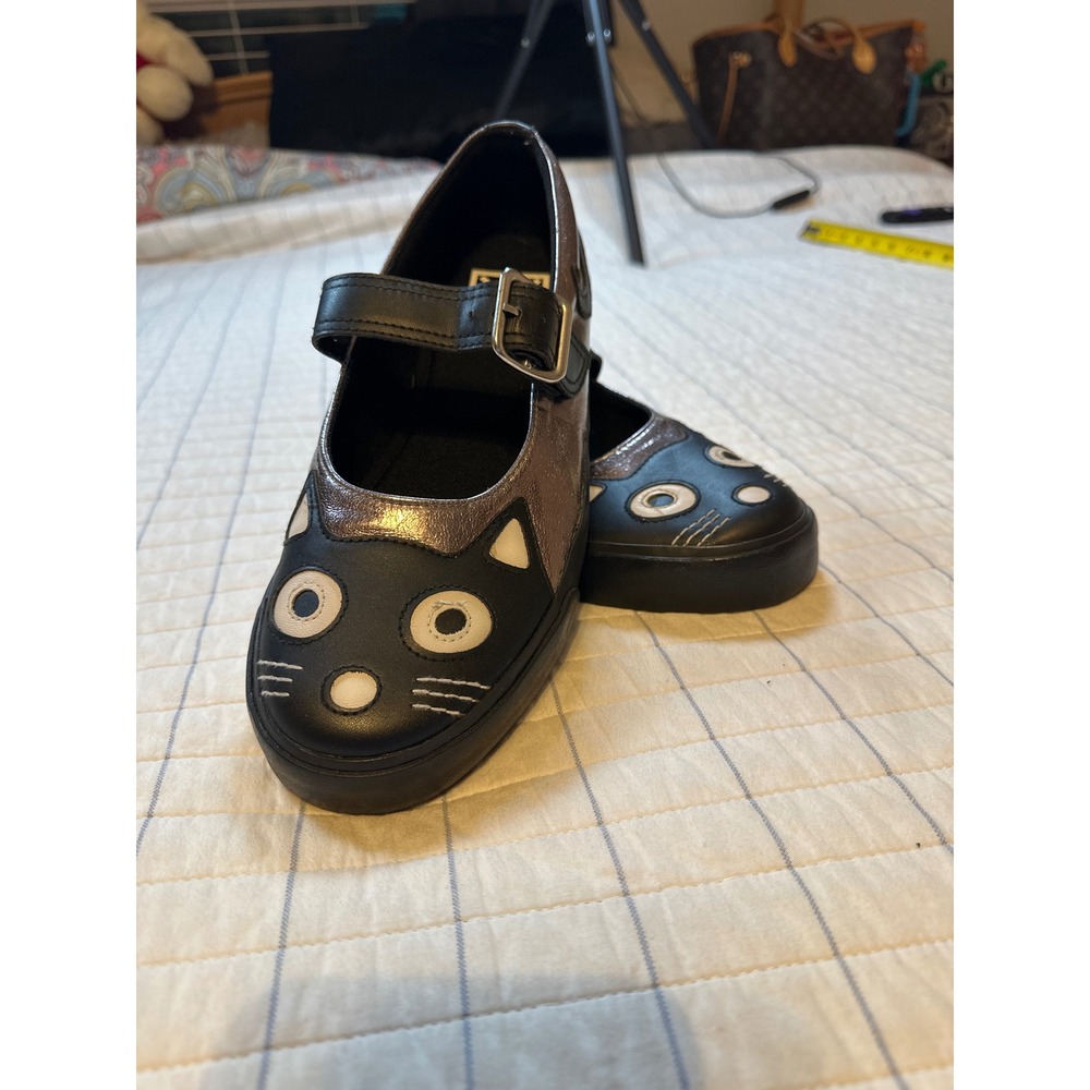 T.U.K. Kitty Mary Jane Flats Black Metallic Pewter Cat Shoes USW9 EU40